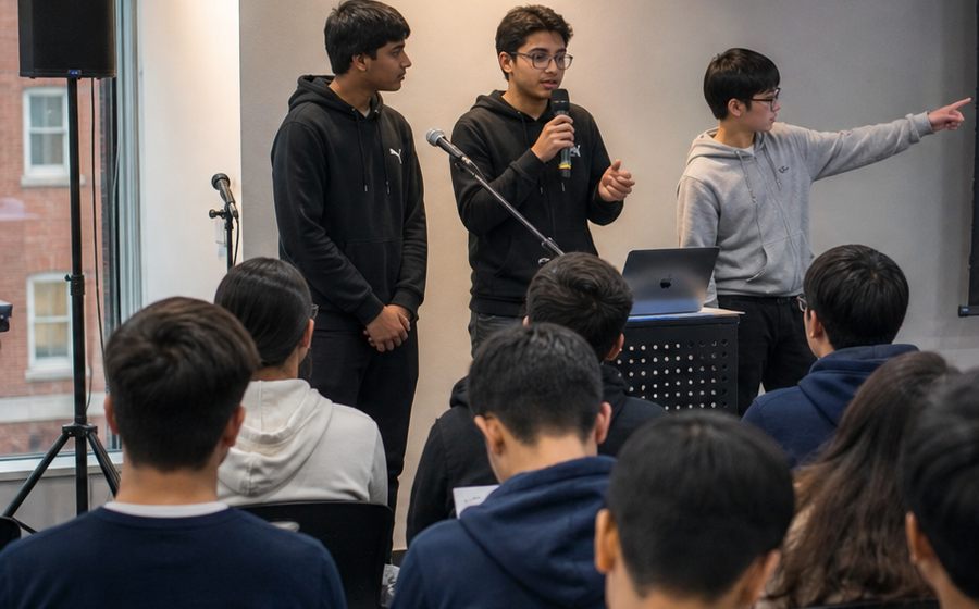 Youth presenters speaking at a startup pitch event.