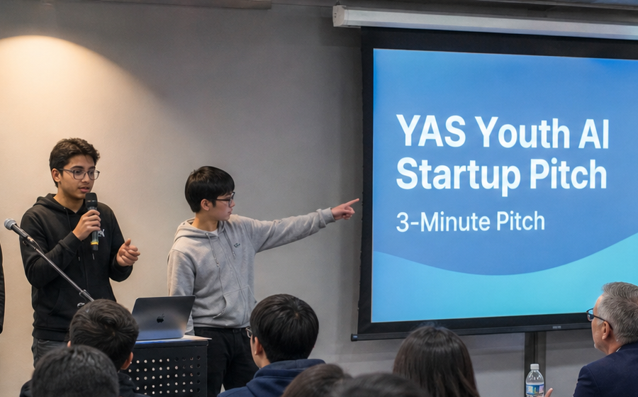 Student presenting a startup pitch slide to an audience.