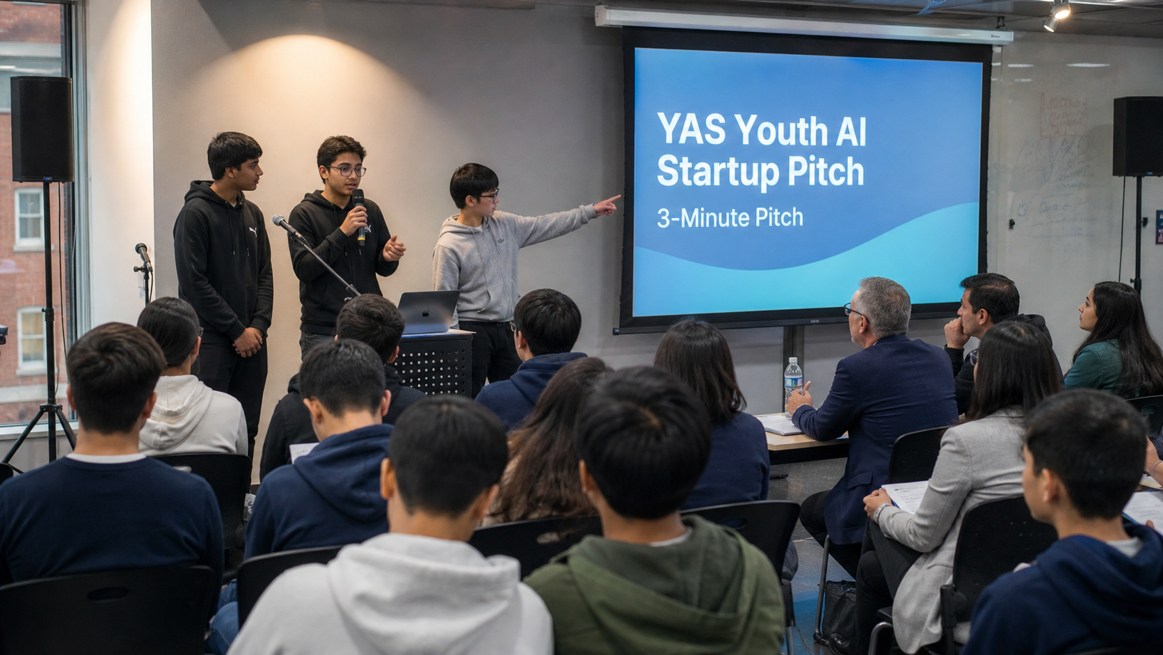 Youth presenters giving a startup pitch to an audience.