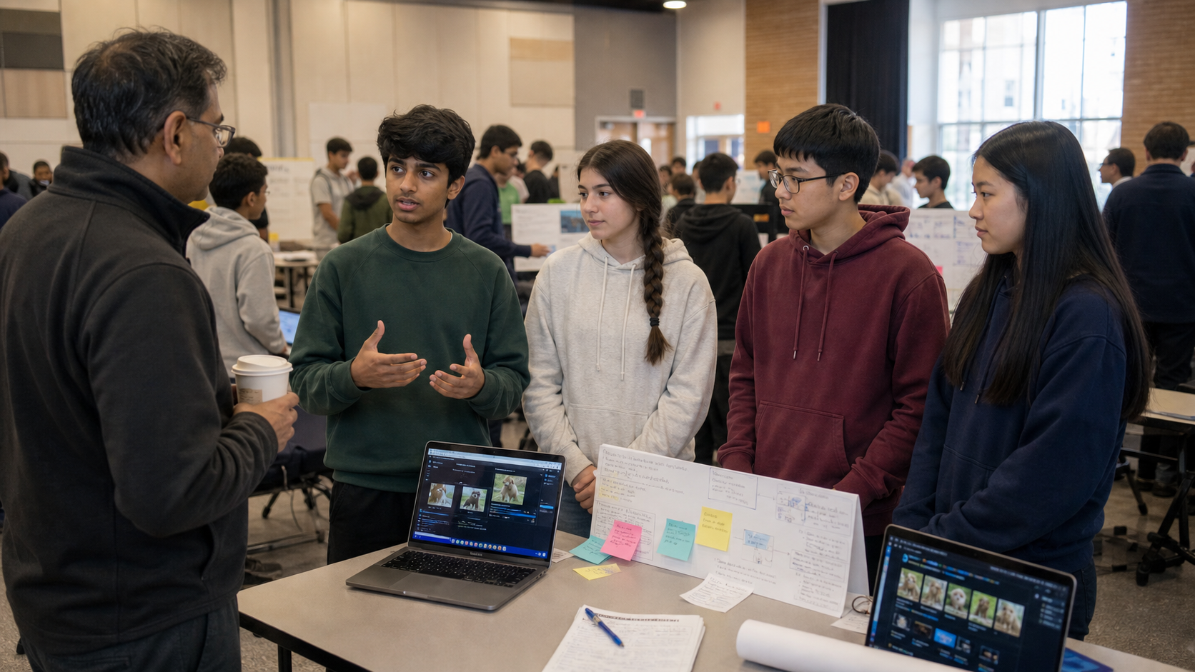 Students presenting AI projects at a community showcase.