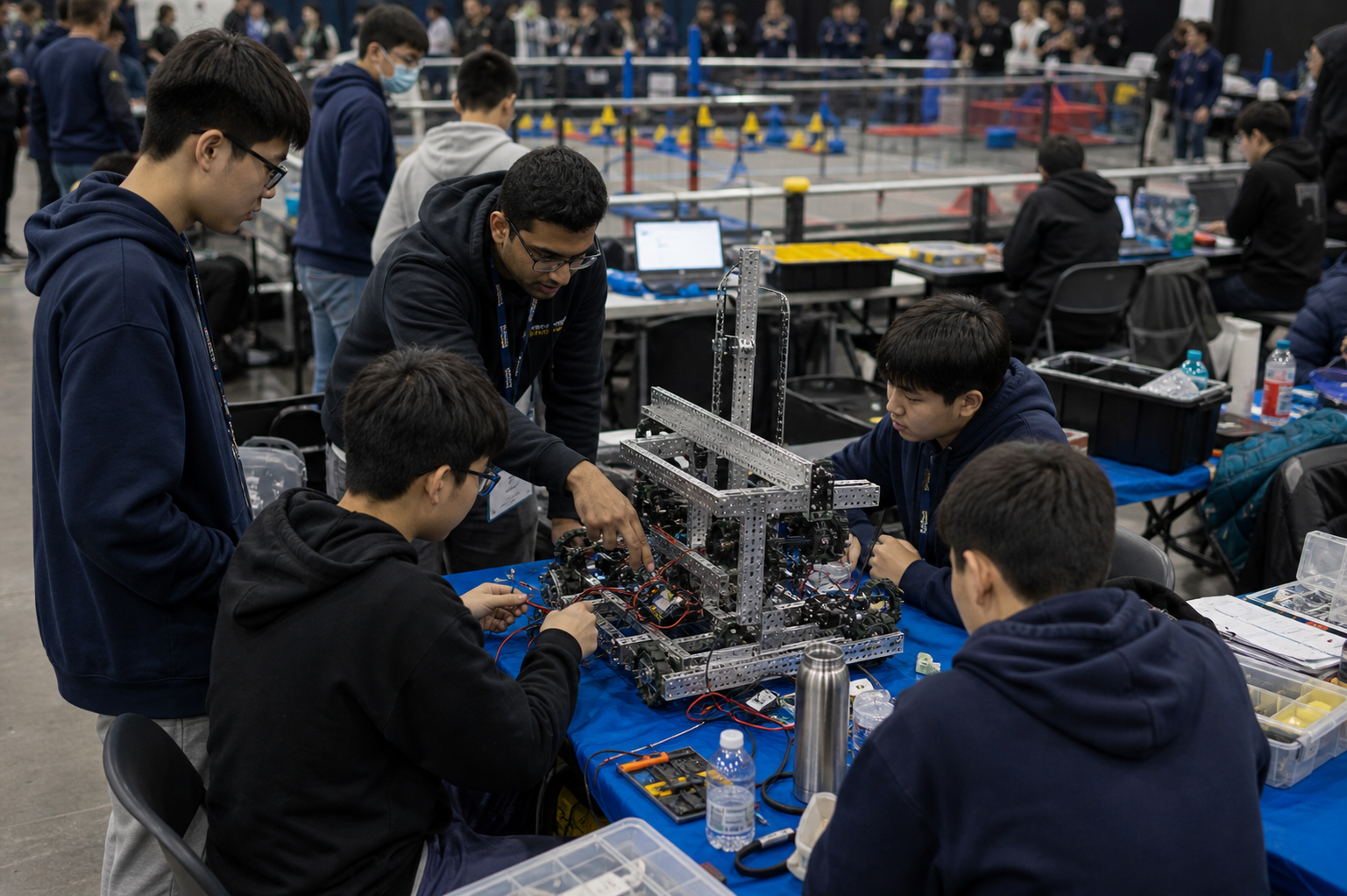 Students troubleshooting a VEX robot with mentor support at a competition pit table.
